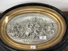 19th cent. Silvered chalked plaque of a medieval scene incised Justin M (Justin Mathieu 1796-1864) C