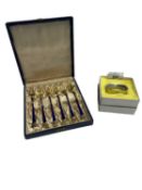 European Silver: Boxed set of Danish, blue enamelled pickle forks by Egon Lauridsen, two with enamel