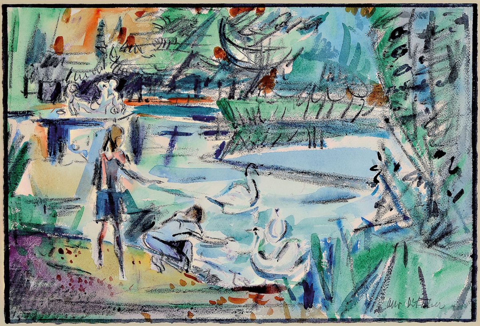 Otto Ditscher, 1903-1987 Neuhofen, Aquarell und Kreide