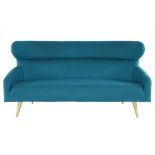 Design Couch,  filzartiger Stoffbezug in Blau, Füße Buche