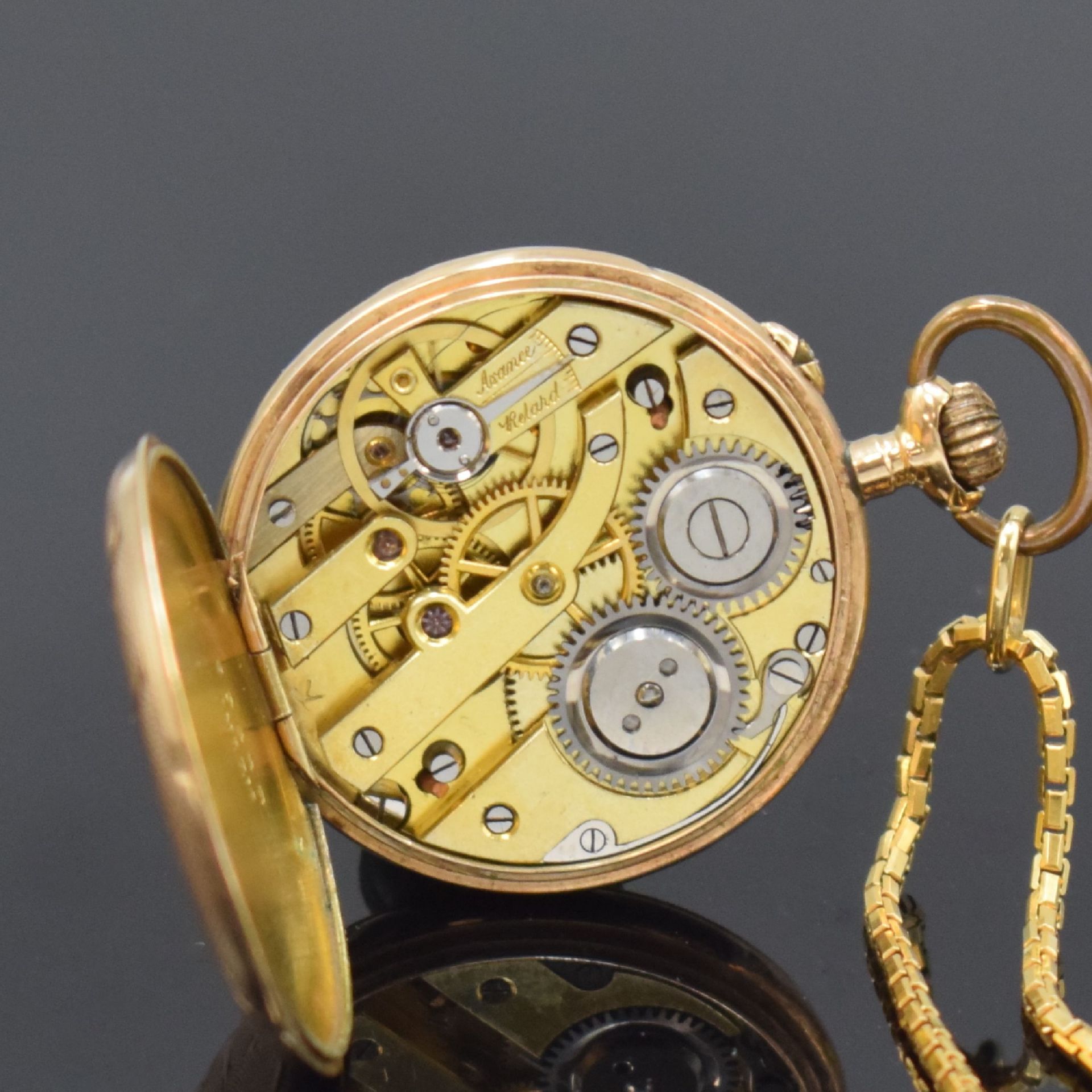 Offene Damentaschenuhr in RoseG 585/000 mit Kette in GG - Bild 6 aus 7