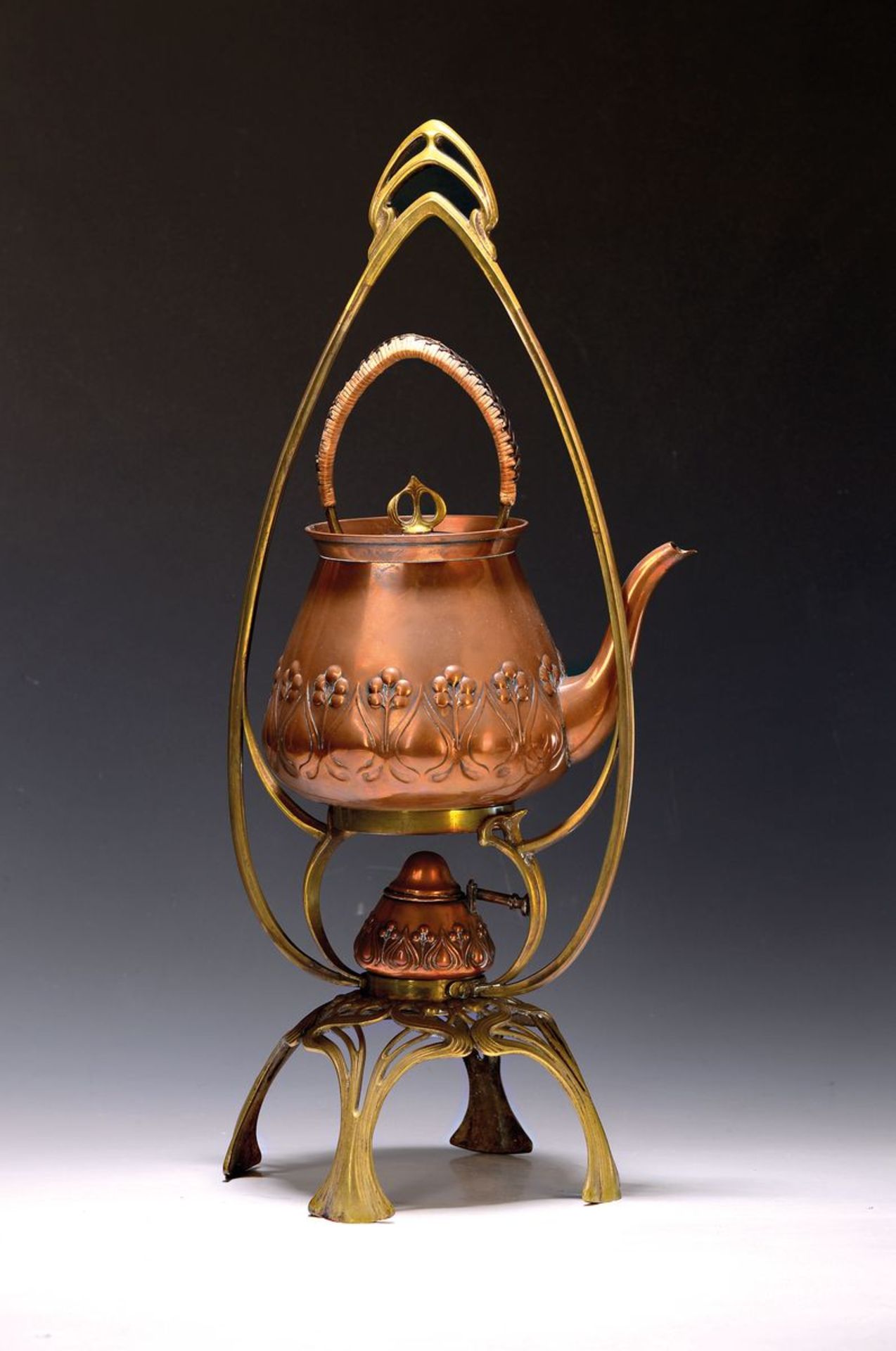 Teekanne mit Stövchen, deutsch, WMF, um 1900,  Kupfer mit