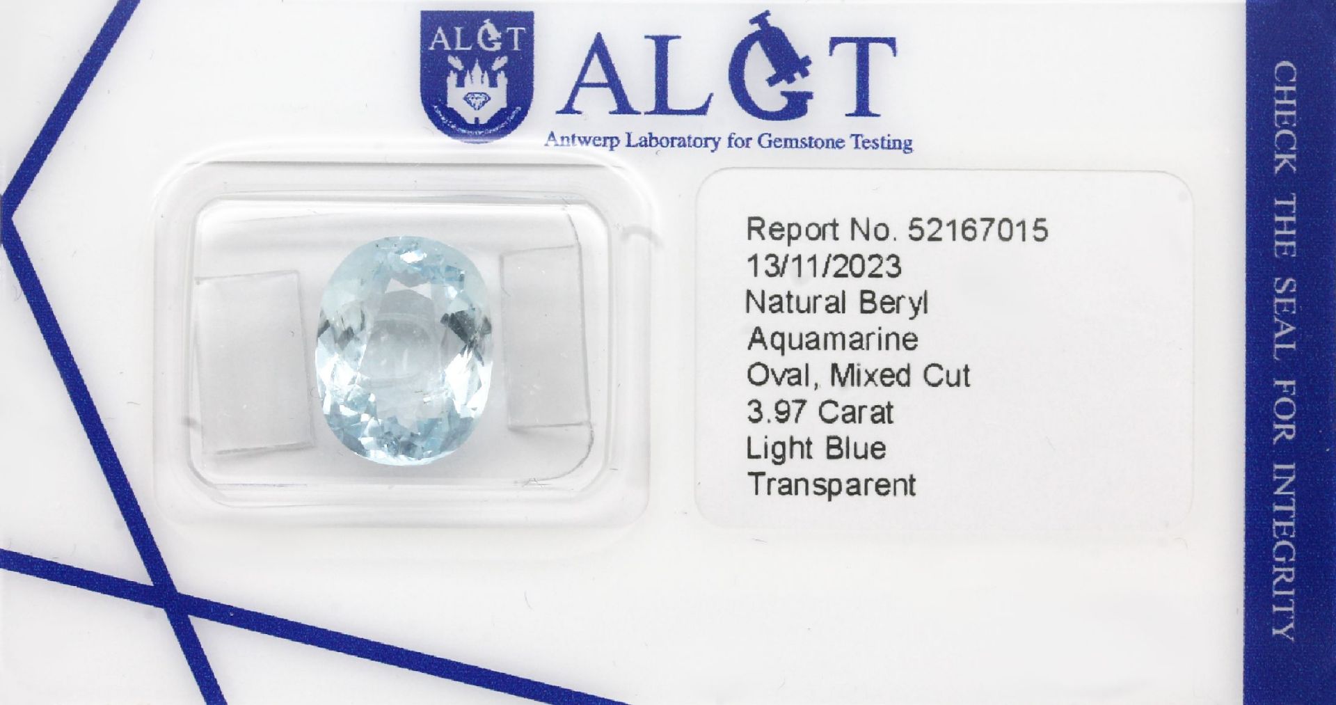 Loser facett. Aquamarin,   3.97 ct, oval, light Blue,