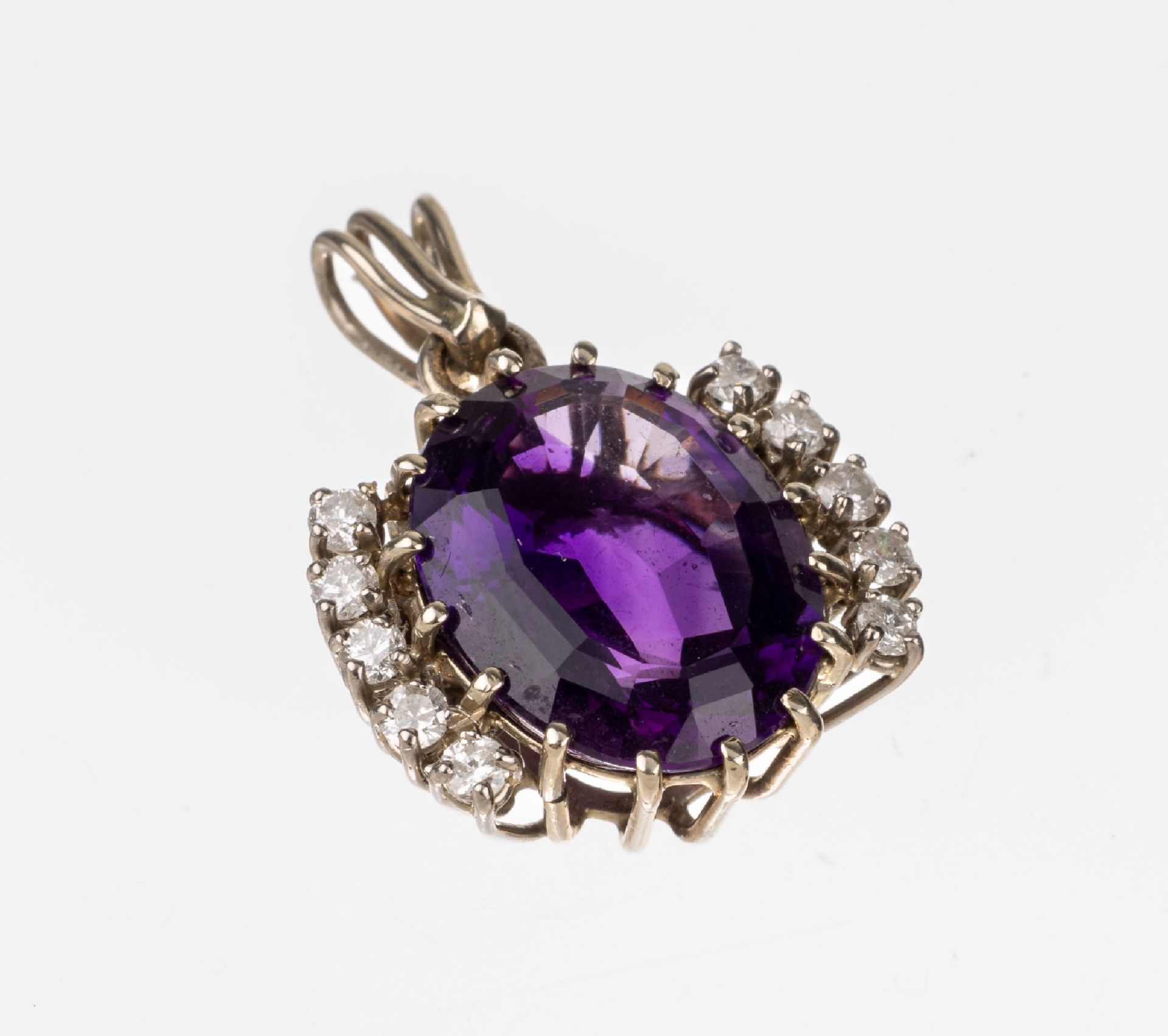 14 kt Gold Amethyst-Brillant-Anhänger,   WG 585/000,