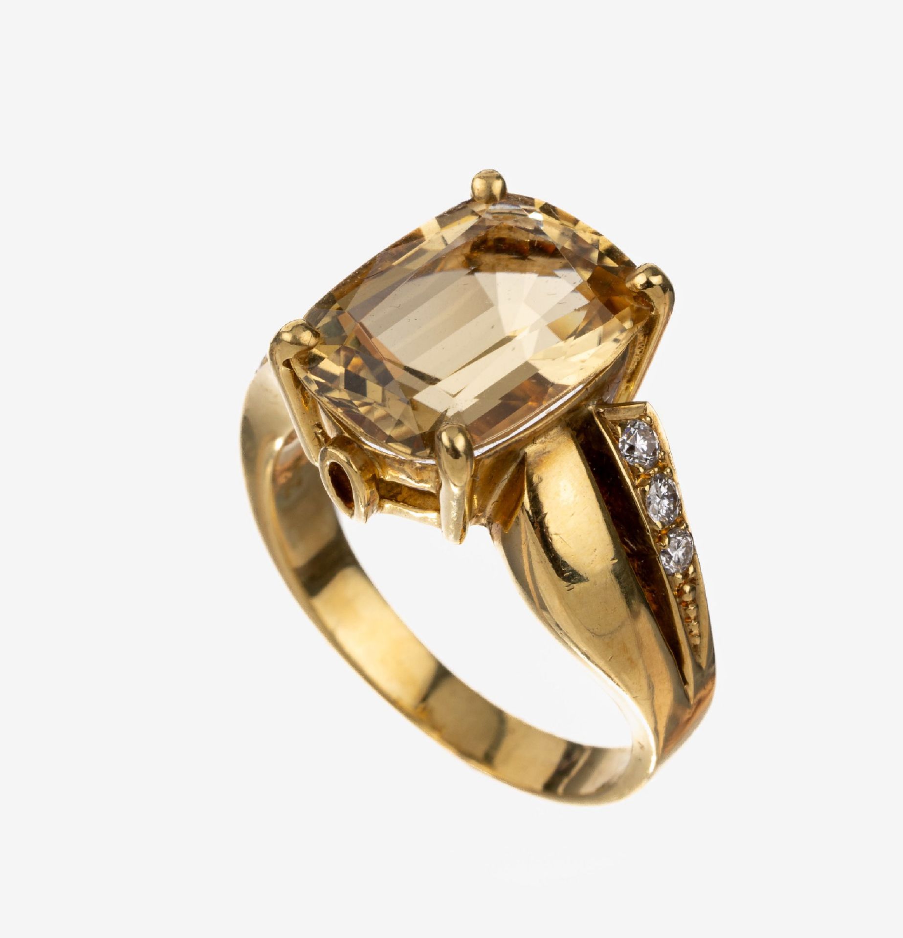18 kt Gold Brillant-Citrin-Ring,   GG 750/000, facett.