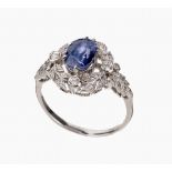 18 kt Gold Saphir-Diamant-Ring,   WG 750/000,ovalfacett.