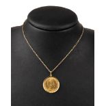 14 kt Gold Collier mit Münzanhänger,   GG 585/000,