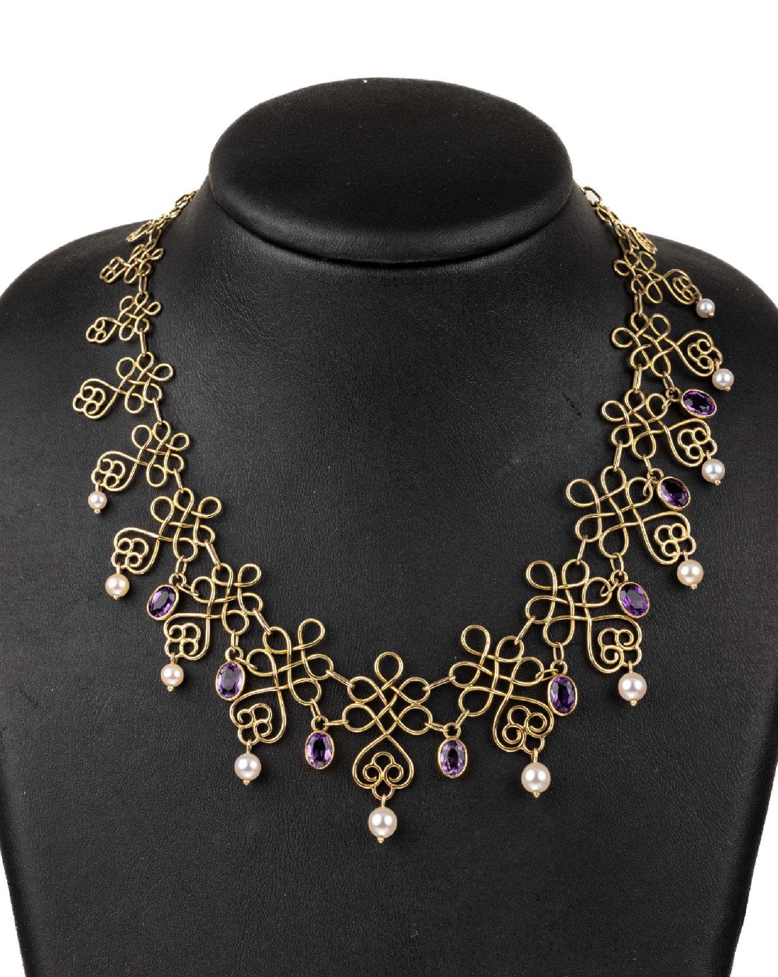 14 kt Gold Amethyst-Zuchtperlen-Collier,   GG 585/000, ca.