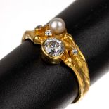 14 kt Gold Diamant-Perl-Ring, GG 585/000, abstrakte