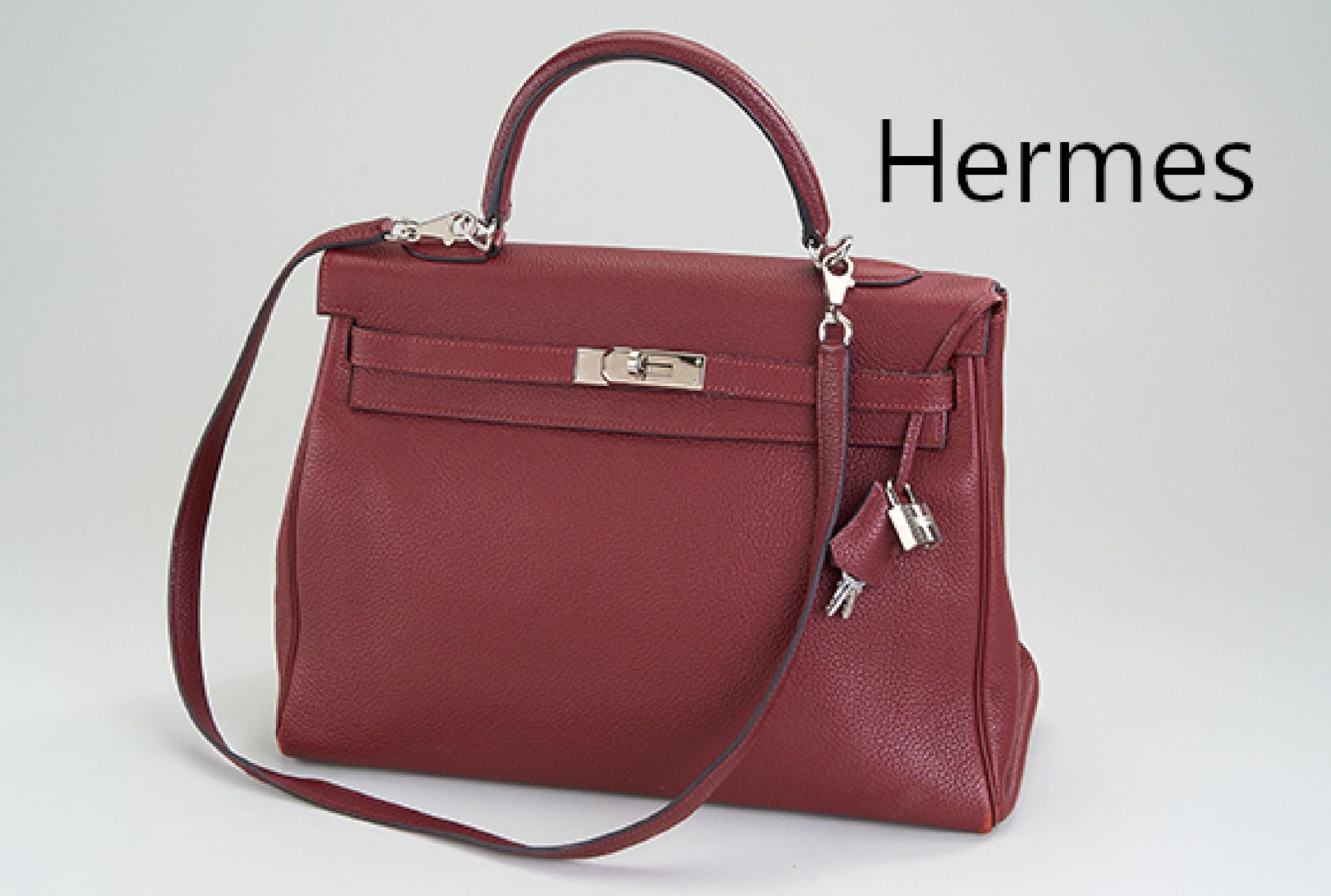 HERMES KELLY Bag 35, bordeauxfarb. Togo Leder, Palladium