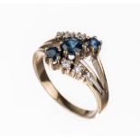 14 kt Gold Saphir-Diamant-Ring,   WG 585/000,3 rundfacett.