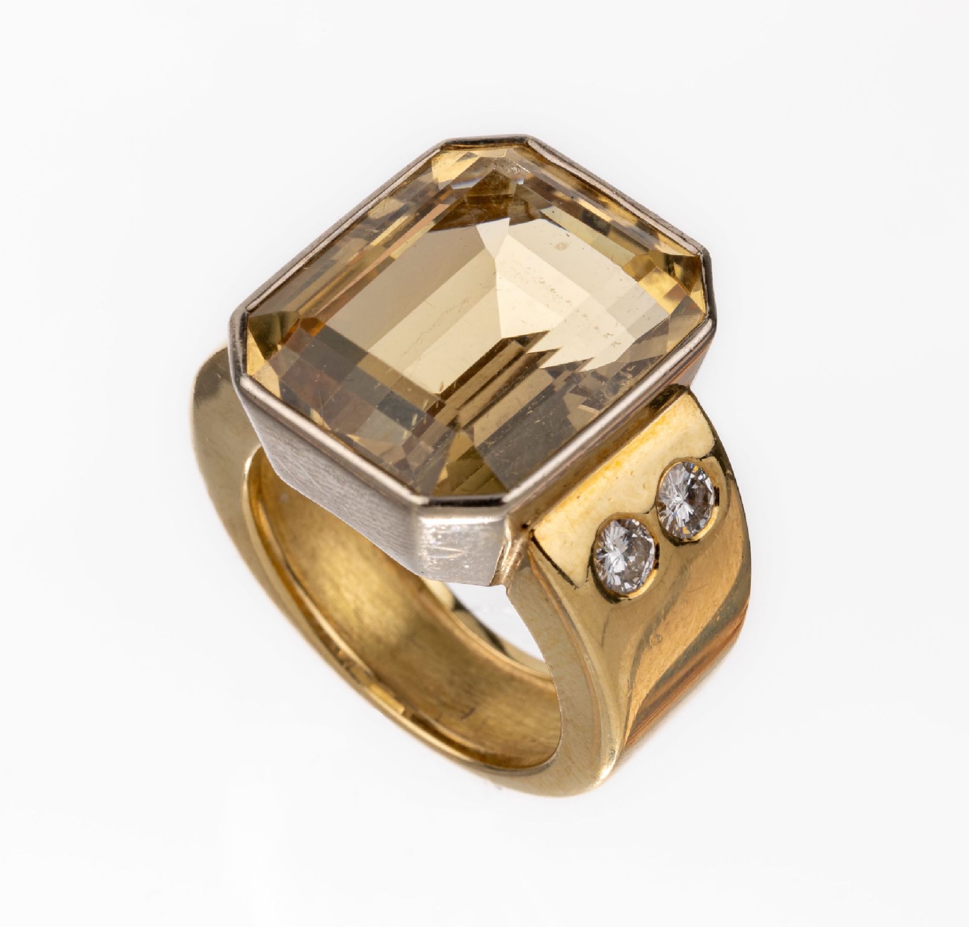 18 kt Gold Citrin-Brillant-Ring, GG/WG 750/000, Ringkopf