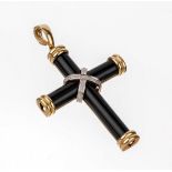 14 kt Gold Diamant-Onyx-Kreuzanhänger,   GG/WG 585/000, 13