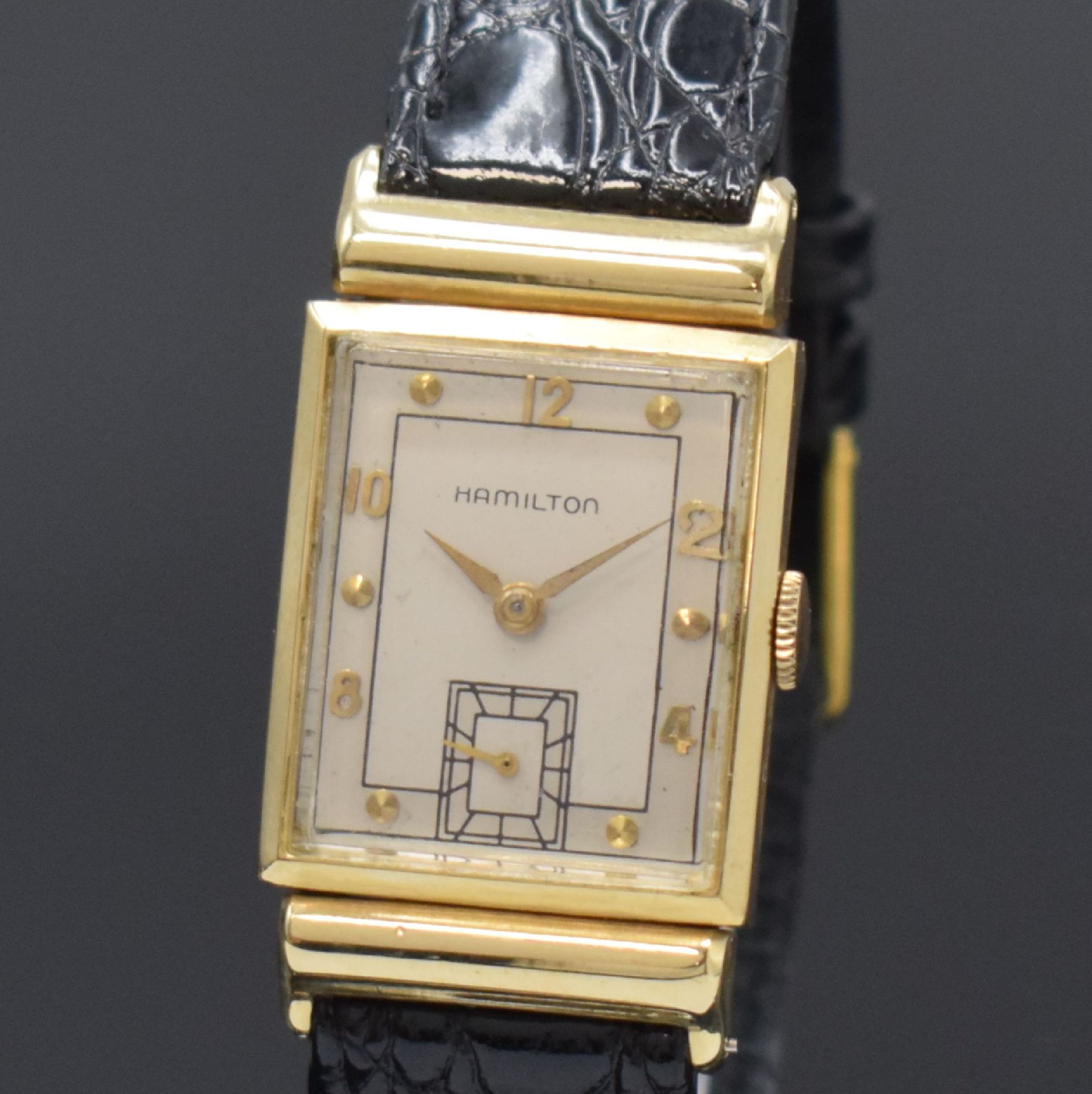 HAMILTON rechteckige Armbanduhr in 14k Gelbgold,  USA um - Bild 2 aus 6