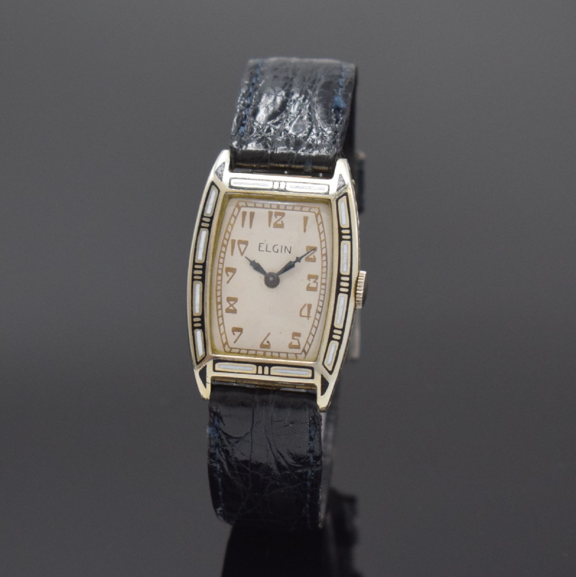 ELGIN emaillierte Armbanduhr in 14k Weißgold,   USA um