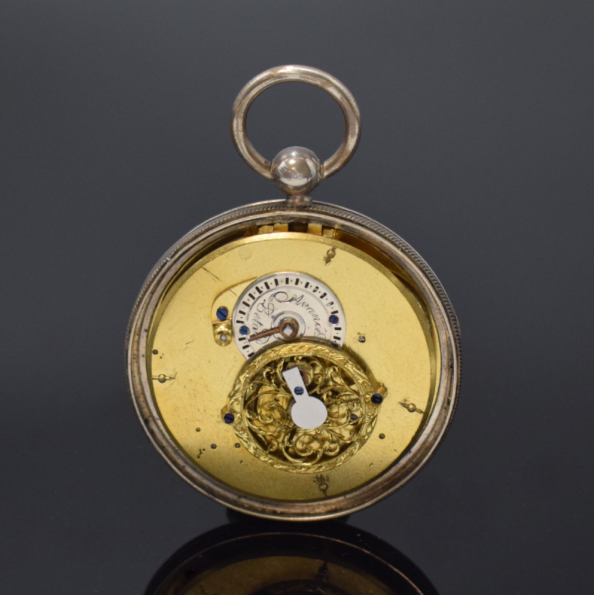 Spindeltaschenuhr mit Datum in Silber,  Schweiz um 1820, - Bild 3 aus 5