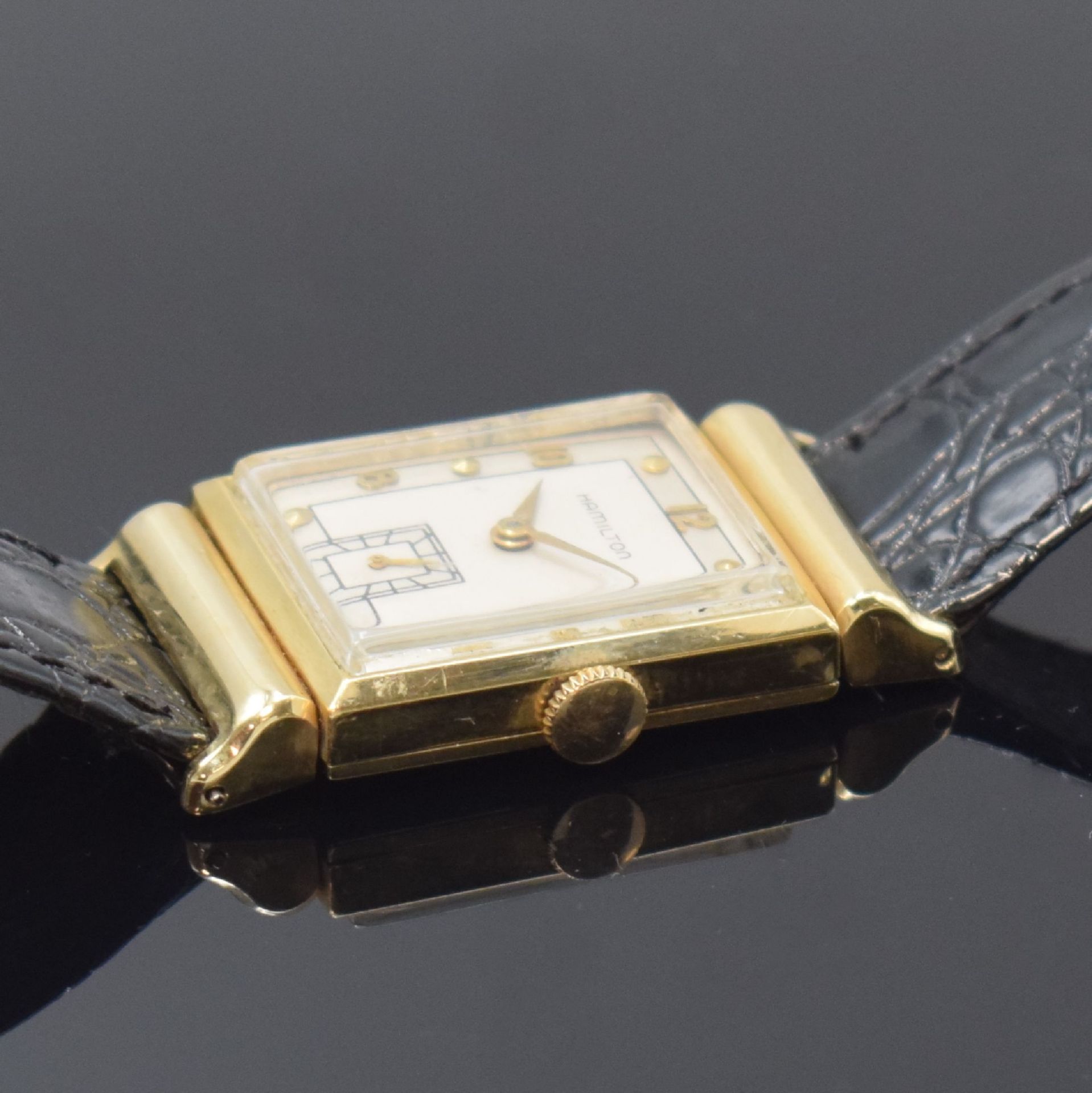 HAMILTON rechteckige Armbanduhr in 14k Gelbgold,  USA um - Bild 3 aus 6