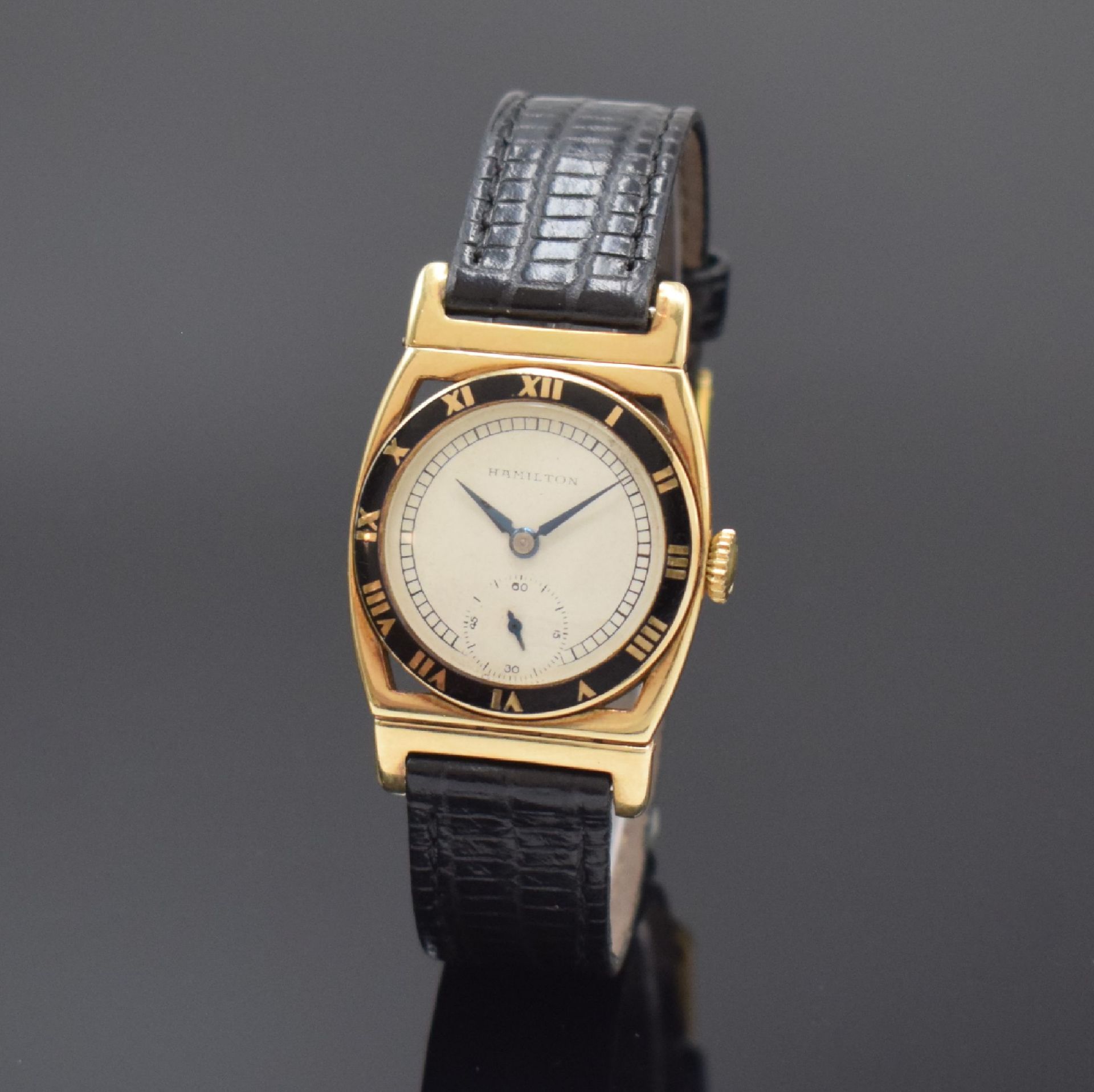 HAMILTON Piping Rock seltene Art-Deco Armbanduhr in GG