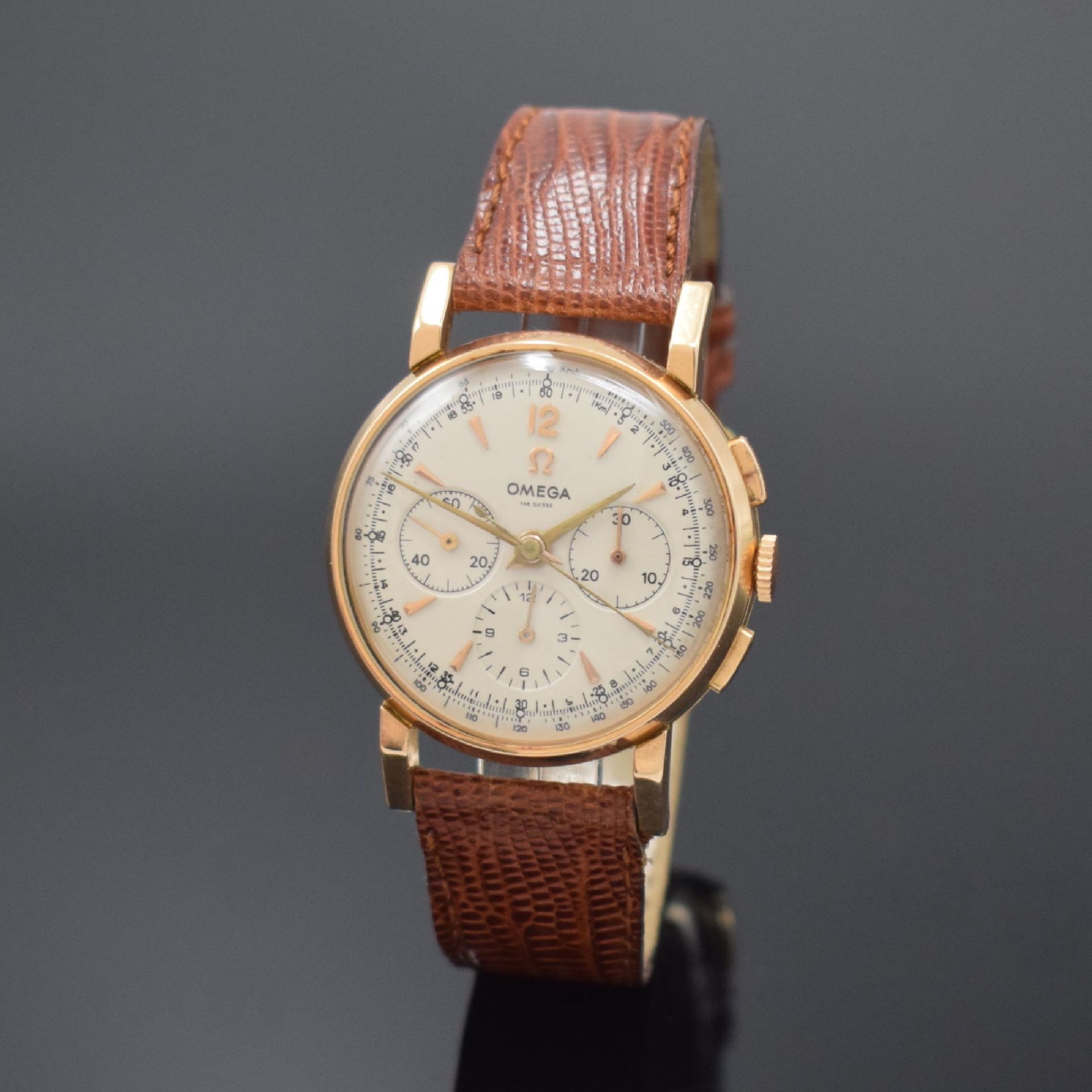 OMEGA Armbandchronograph mit Schaltrad in RG 750/000,