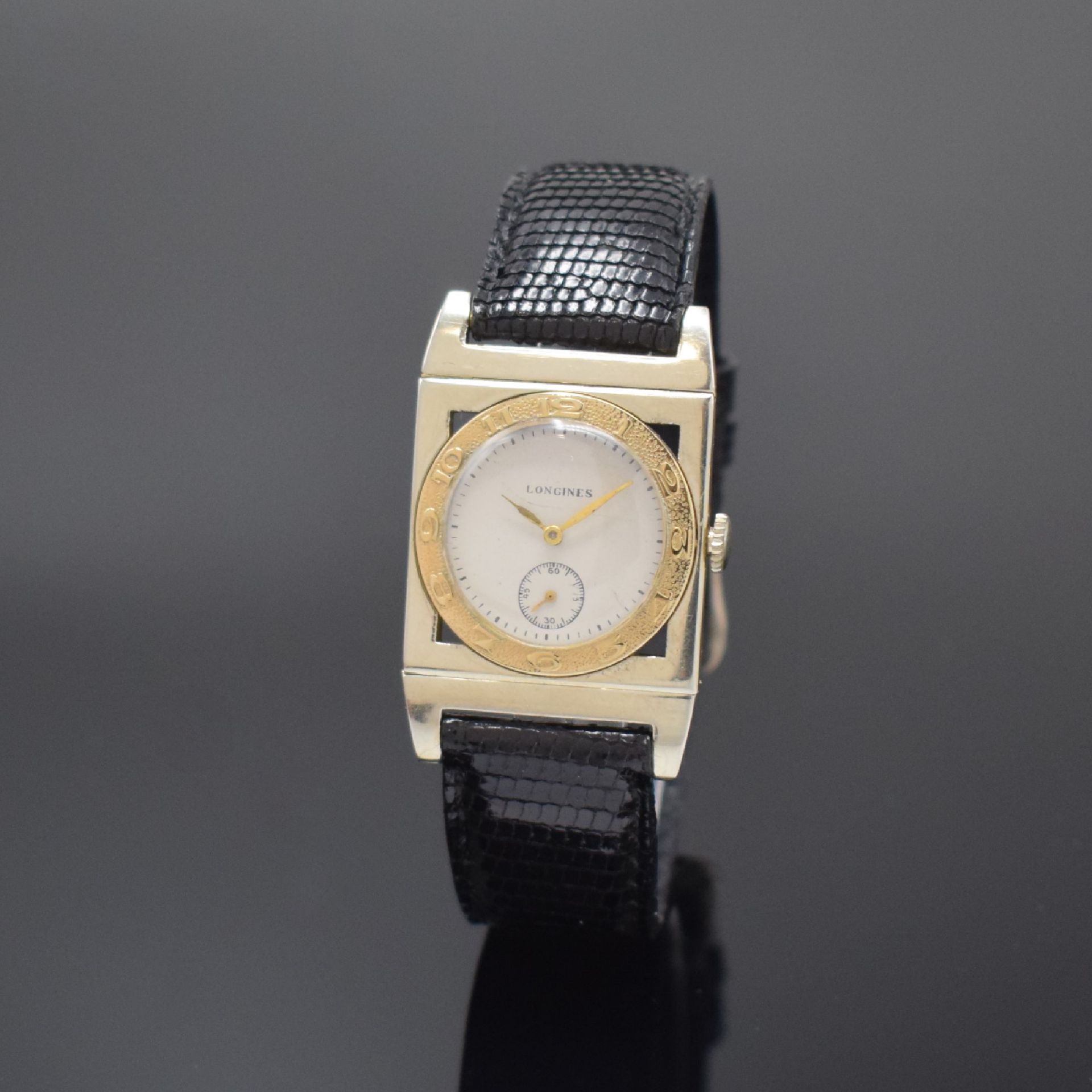 LONGINES seltene rechteckige Armbanduhr in WG/GG 18k,  USA