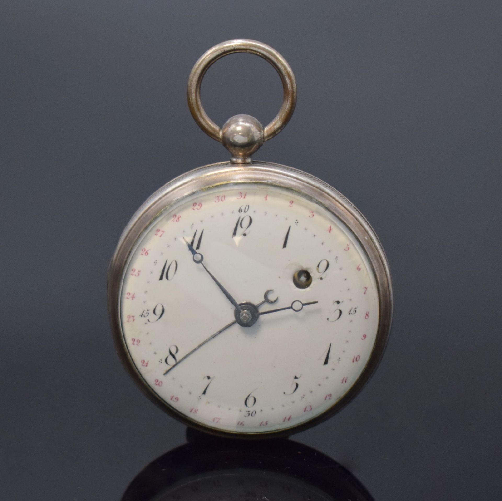 Spindeltaschenuhr mit Datum in Silber,  Schweiz um 1820,