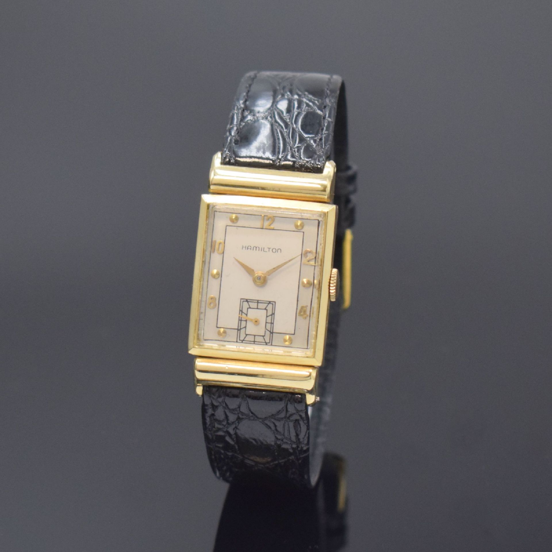HAMILTON rechteckige Armbanduhr in 14k Gelbgold, USA um