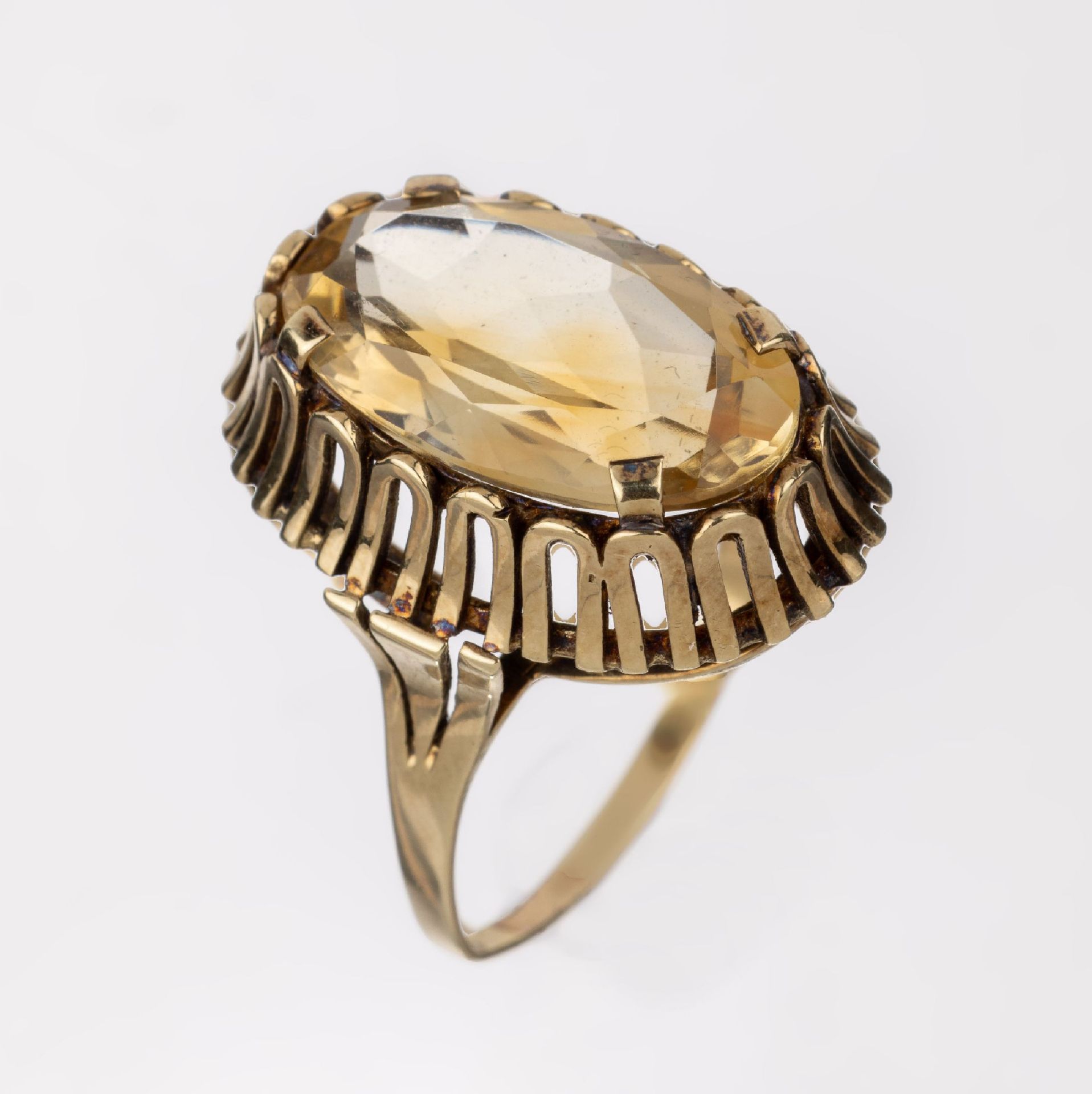 14 kt Gold Citrin-Ring, GG 585/000, 1950er -60er Jahre,