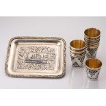 Set 12 Schnapsbecher mit Tablett, 875 Silber, Russland