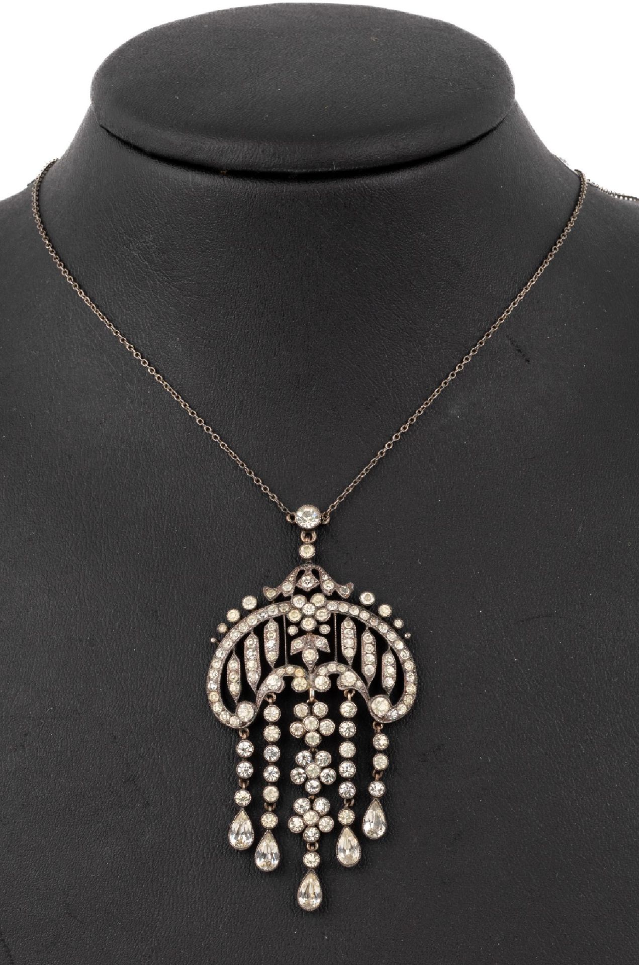 Modeschmuck-Collier, um 1900, Silber, gepr., Straßbesatz