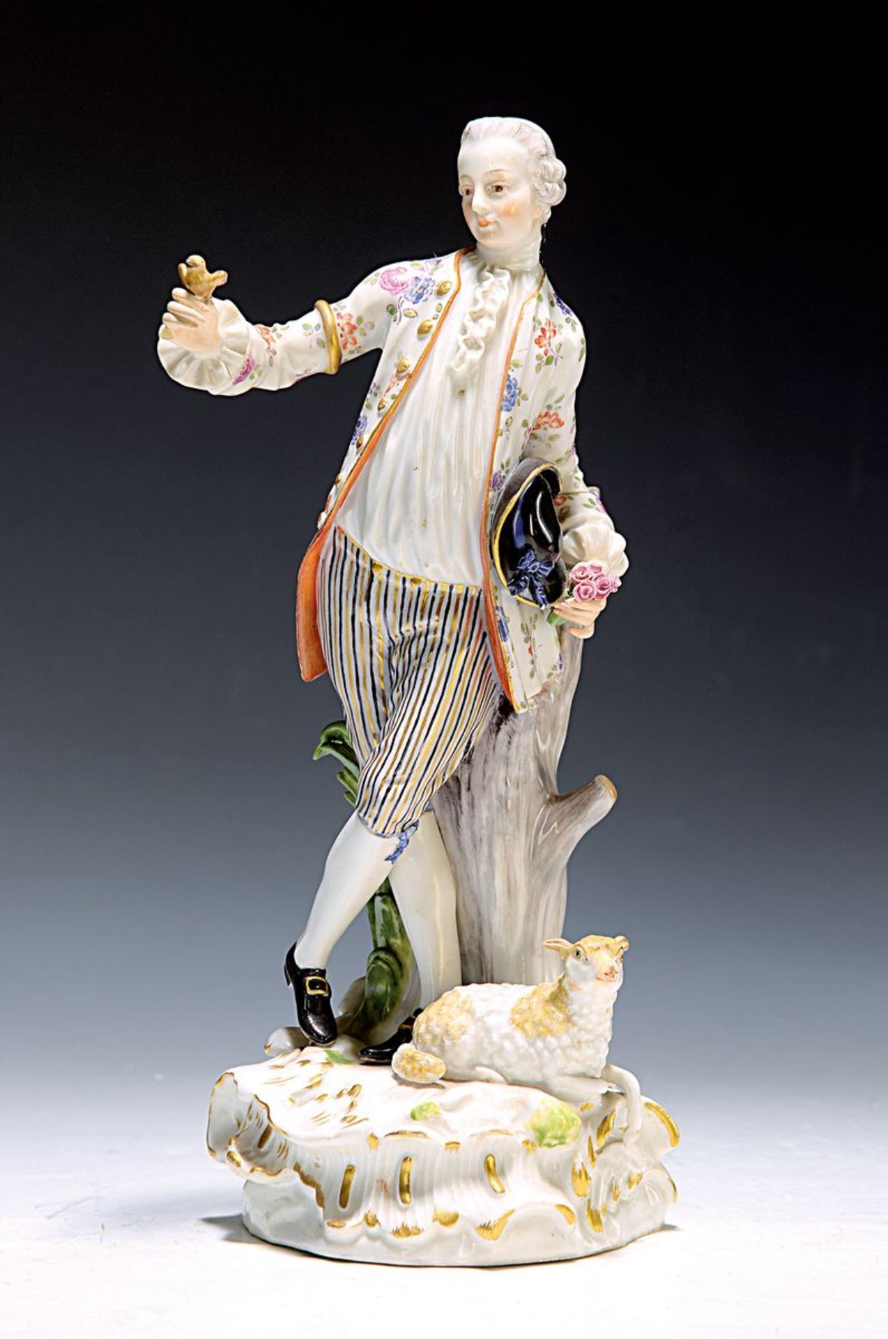 Großer Schäferfigur, Meissen, um 1890,  Schäfer mit Vogel