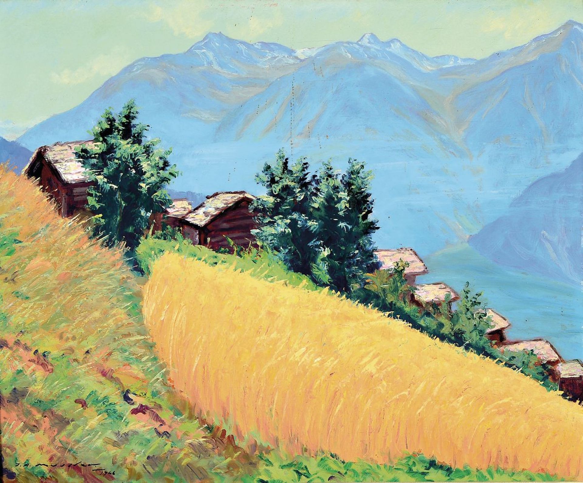 Joseph Andre Mussler, 1904-1980,  Hütten auf der Alm,