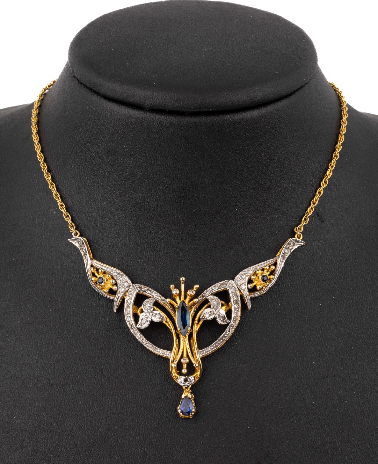 14 kt Gold Saphir-Diamant-Collier, GG/WG 585/000, nach