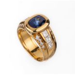 18 kt Gold Saphir-Diamant-Ring, GG 750/000,ovalfacett.