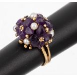 14 kt Gold Amethyst-Perl-Ring, GG 585/000, Ringkopf mit