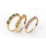 14 kt Gold Farbstein-Diamant-Ringtrio, GG 585/000, 1 x