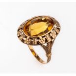 14 kt Gold Citrin-Ring, 1940er Jahre, GG 585/000, ovaler