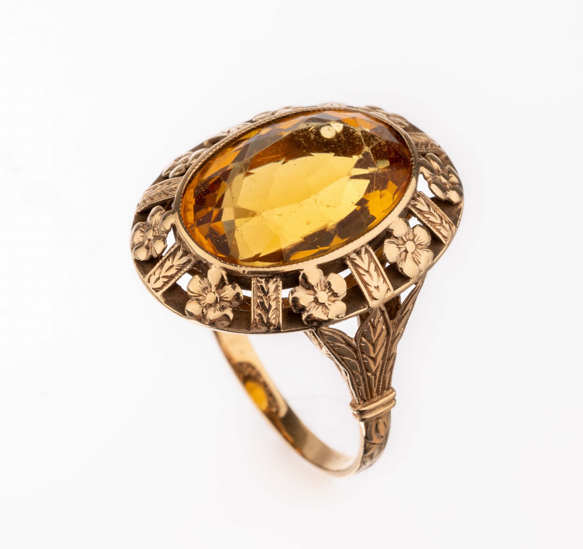 14 kt Gold Citrin-Ring, 1940er Jahre, GG 585/000, ovaler