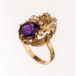 14 kt Gold Amethyst-Perl-Brillant-Ring, GG 585/000,