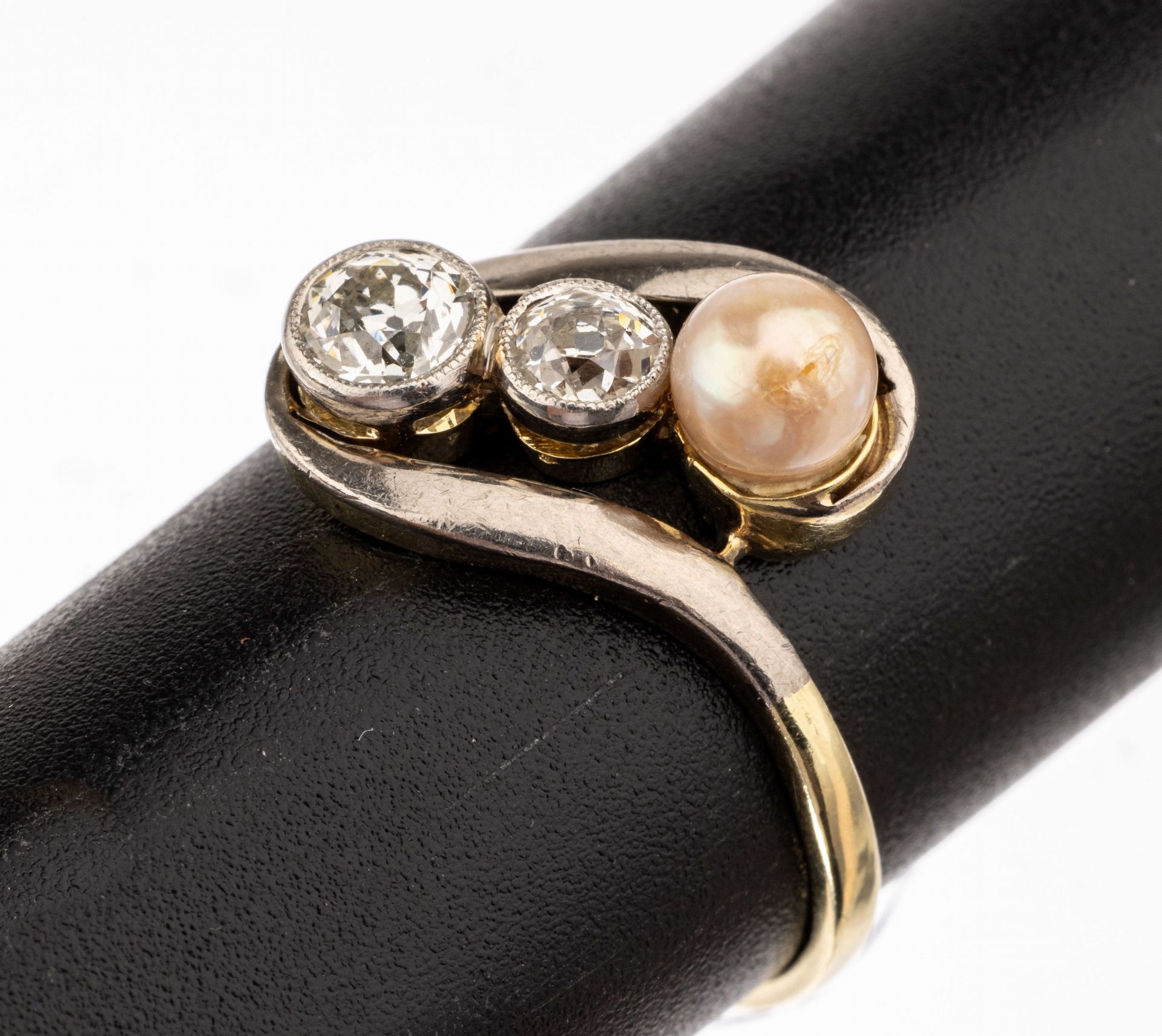 14 kt Gold Perl-Diamant-Ring, um 1900, GG 585/000,