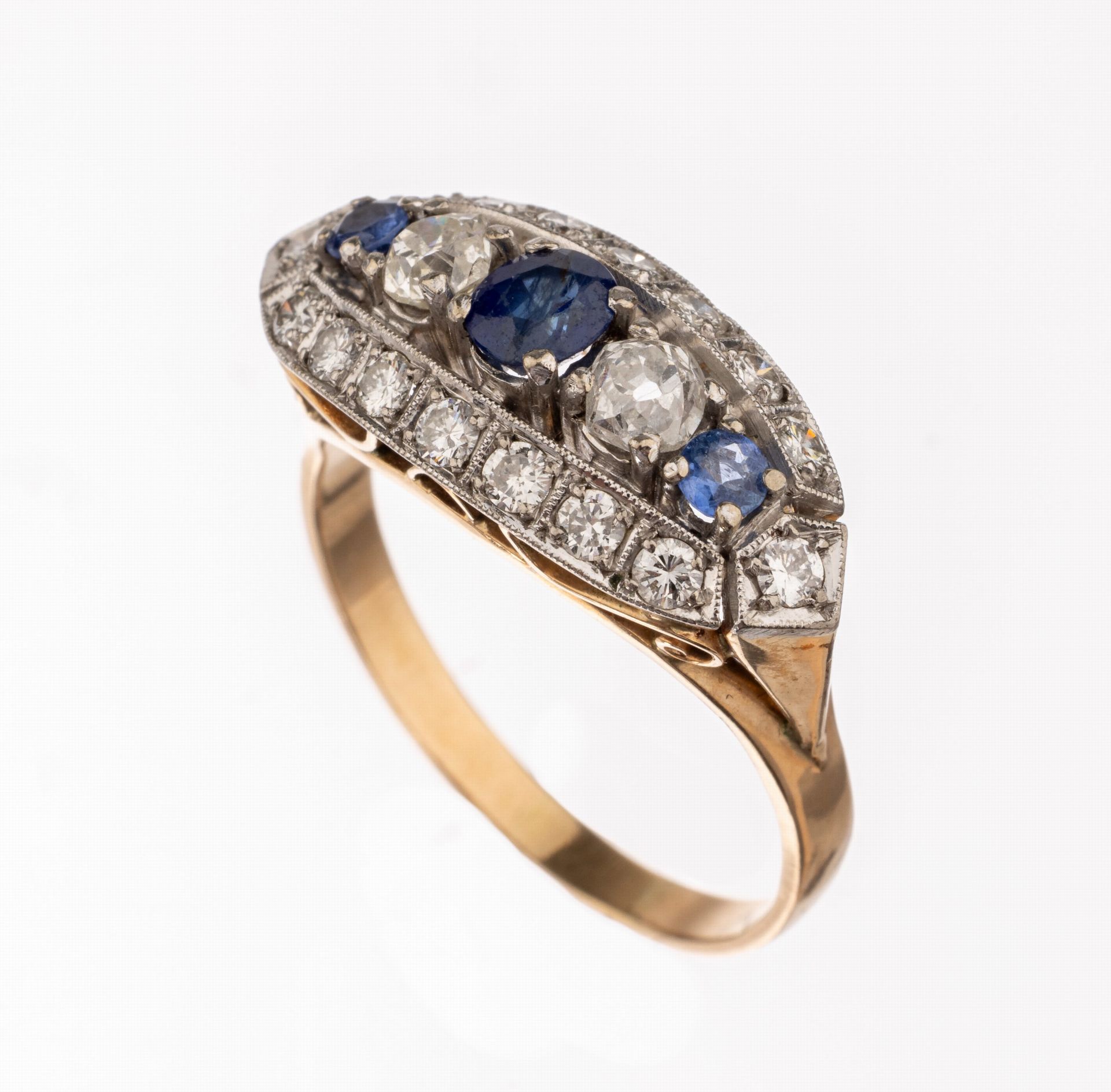 14 kt Gold Saphir-Diamant-Ring, 1930er Jahre, RoseG