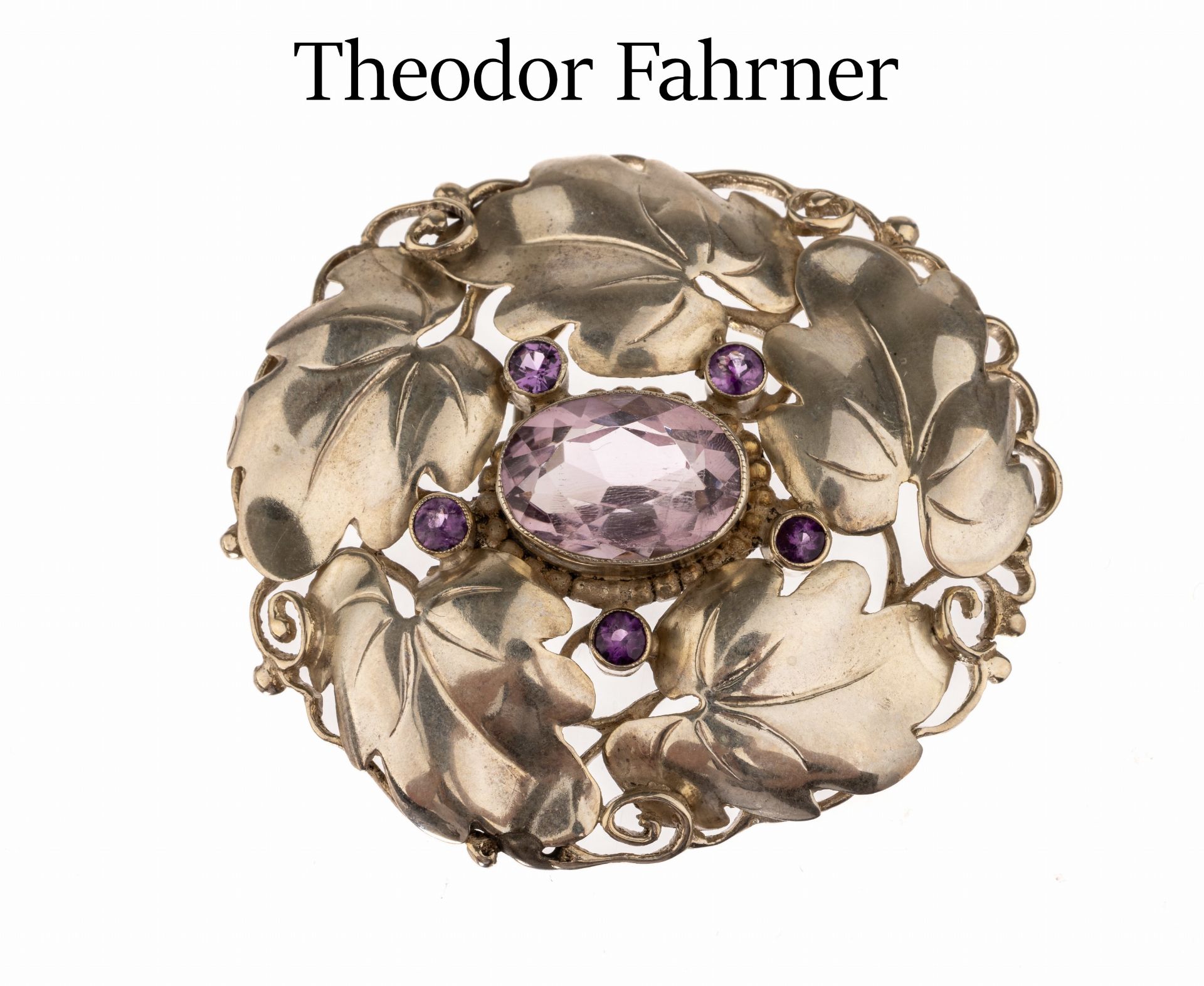 THEODOR FAHRNER Amethyst-Brosche, 800er Silber, TF