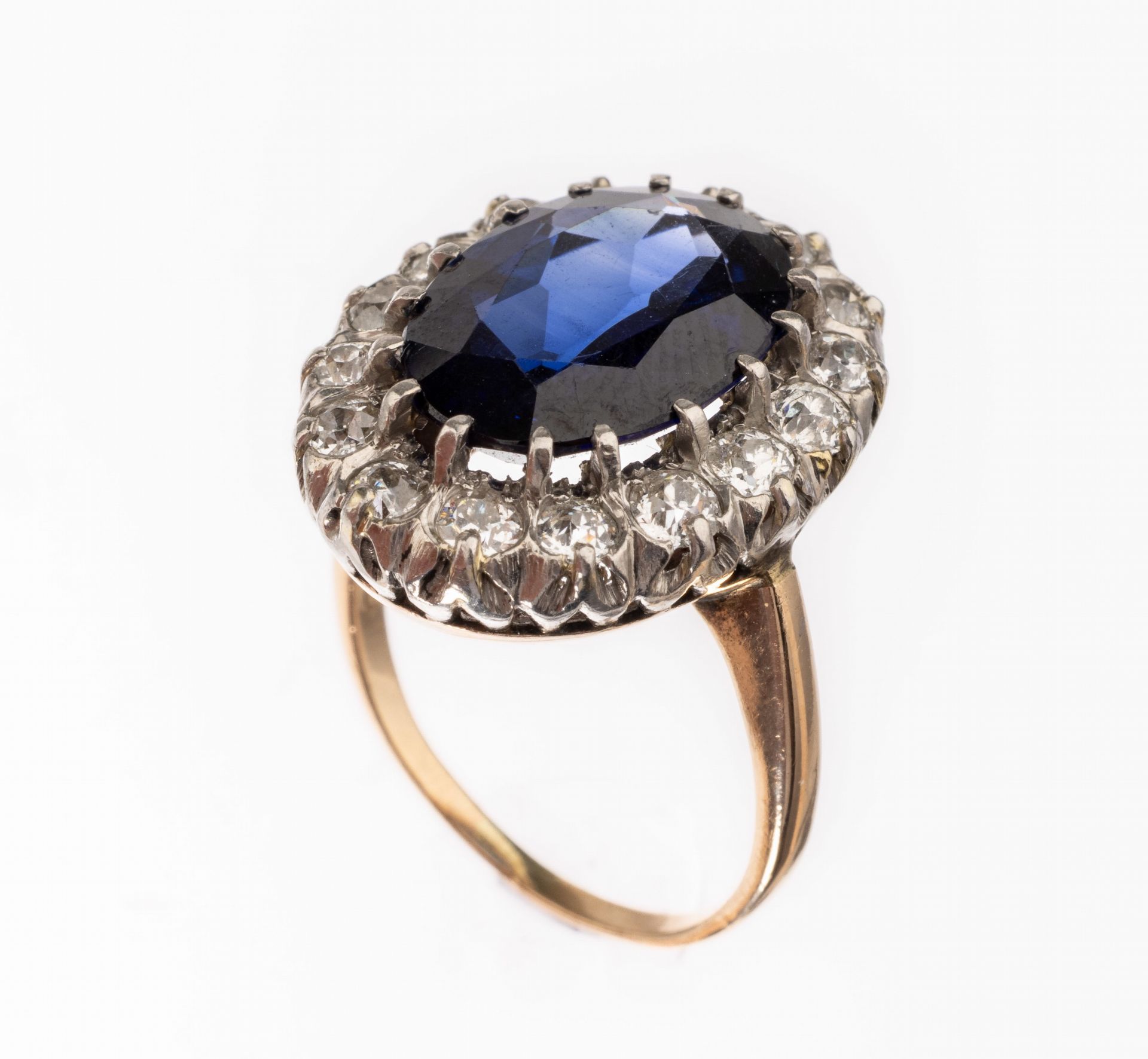 14 kt Gold Farbstein-Diamant-Ring, um 1920, GG 585/000,