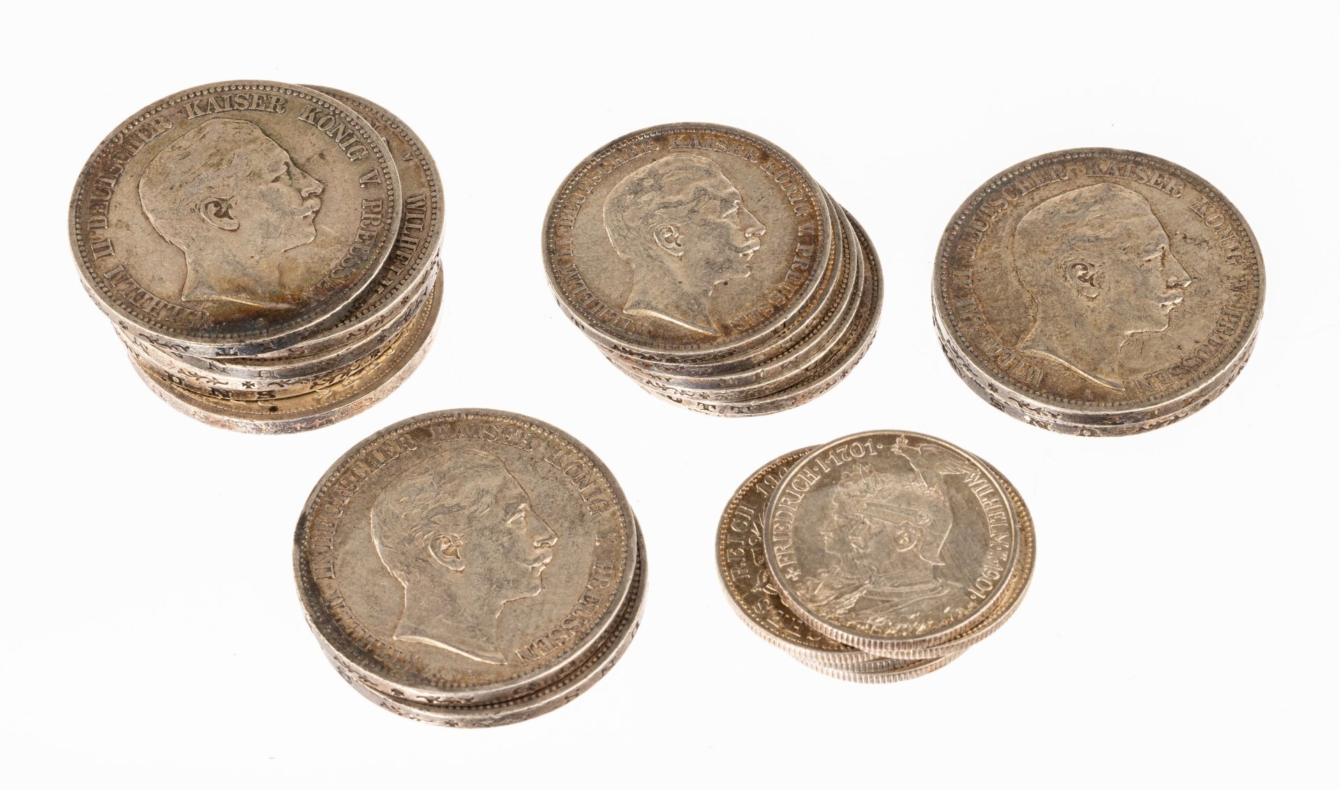 Konvolut 21 Silbermünzen, Deutsches Reich: 10 x 5 Mark: