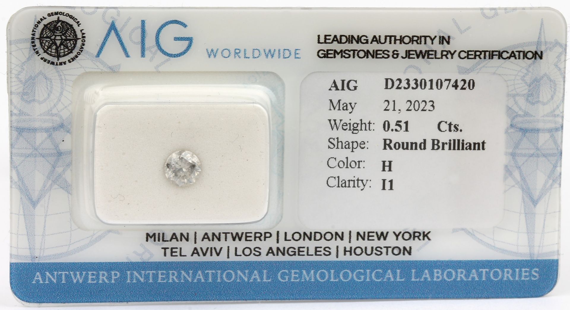 Loser Brillant, 0.51 ct Weiß(H)/p1, eingeschweißt, mit