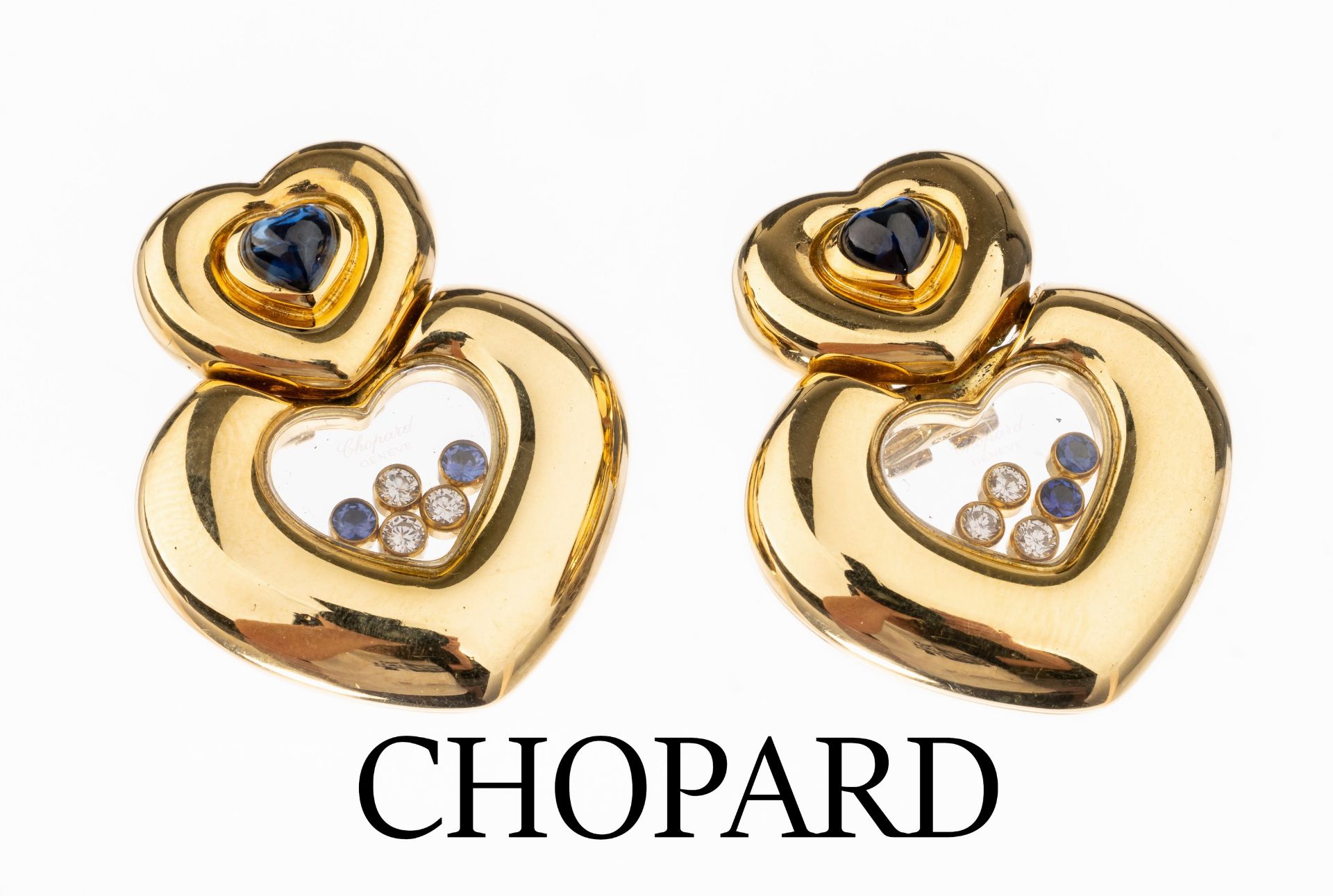 Paar 18 kt Gold CHOPARD Brillant-Saphir- Ohrstecker,   GG