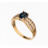 14 kt Gold Saphir-Brillant-Ring,   GG 585/000, ovalfacett.