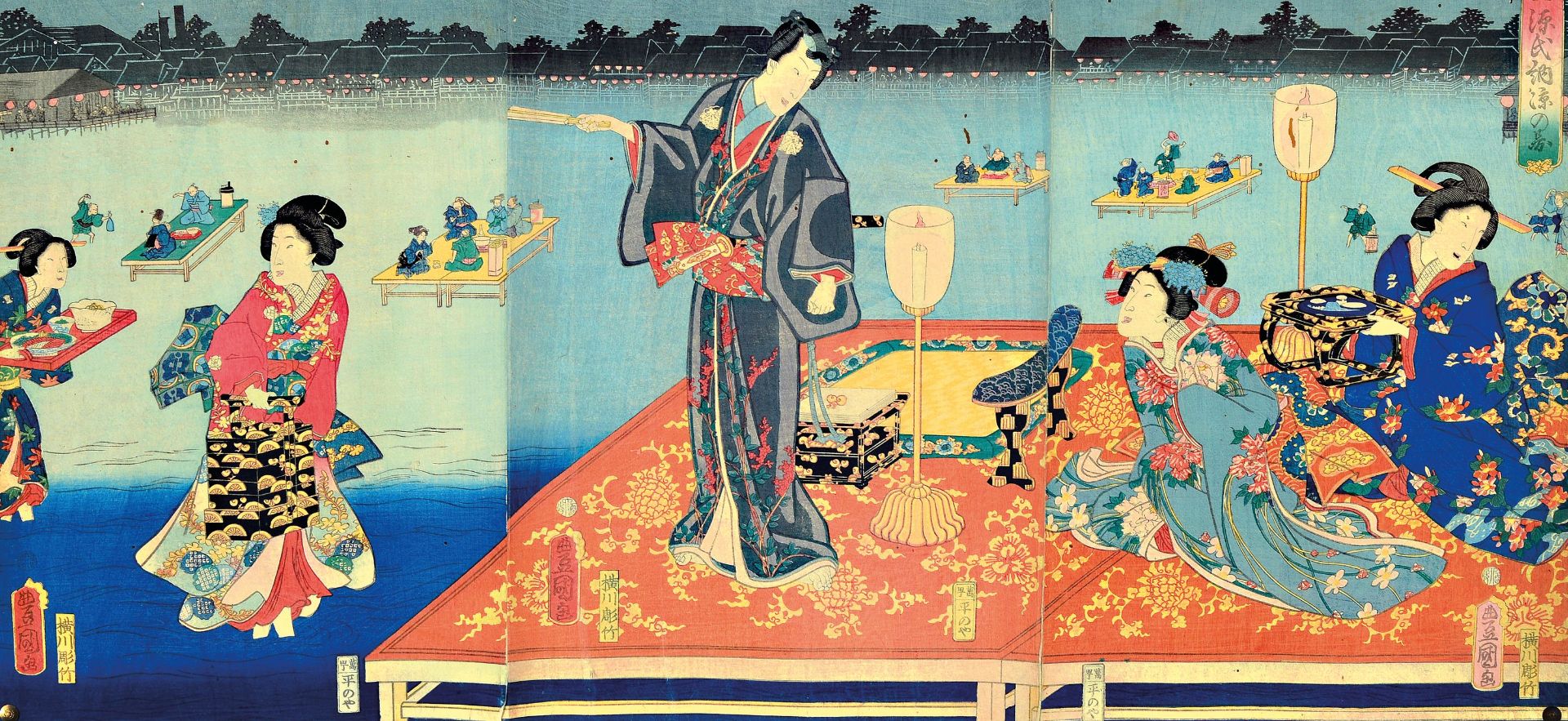 Rollbild und zwei Farbholzschnitte, Japan, 19. Jh., 1.