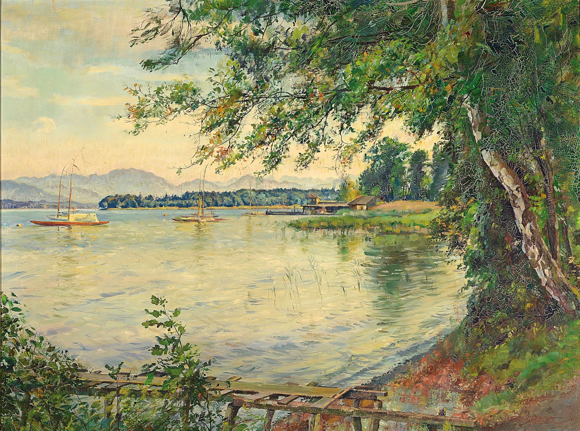 Hermann Fricke, 1886-1966,  Seeuferlandschaft mit Birken