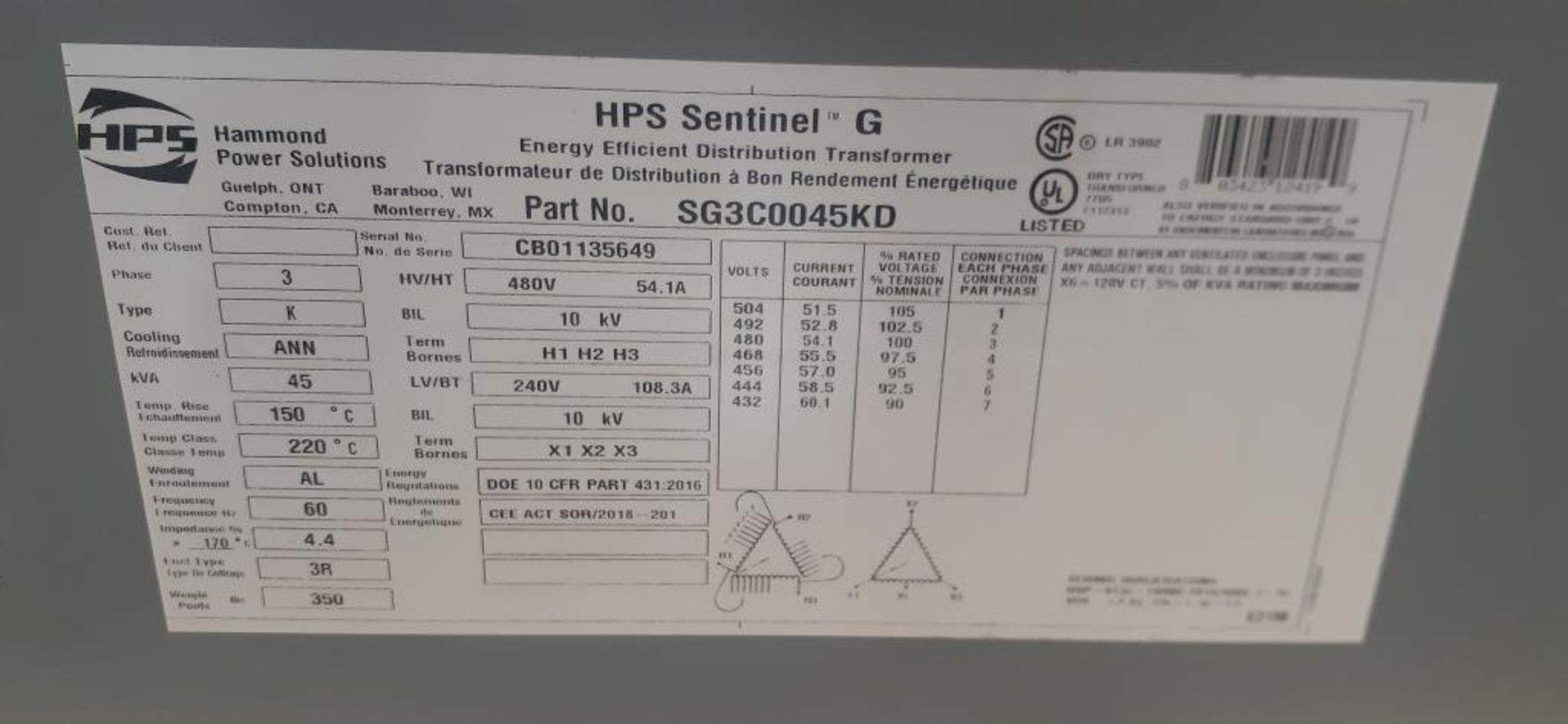 HPS Hammond Solutions 45 KVA Transformer - Image 3 of 3