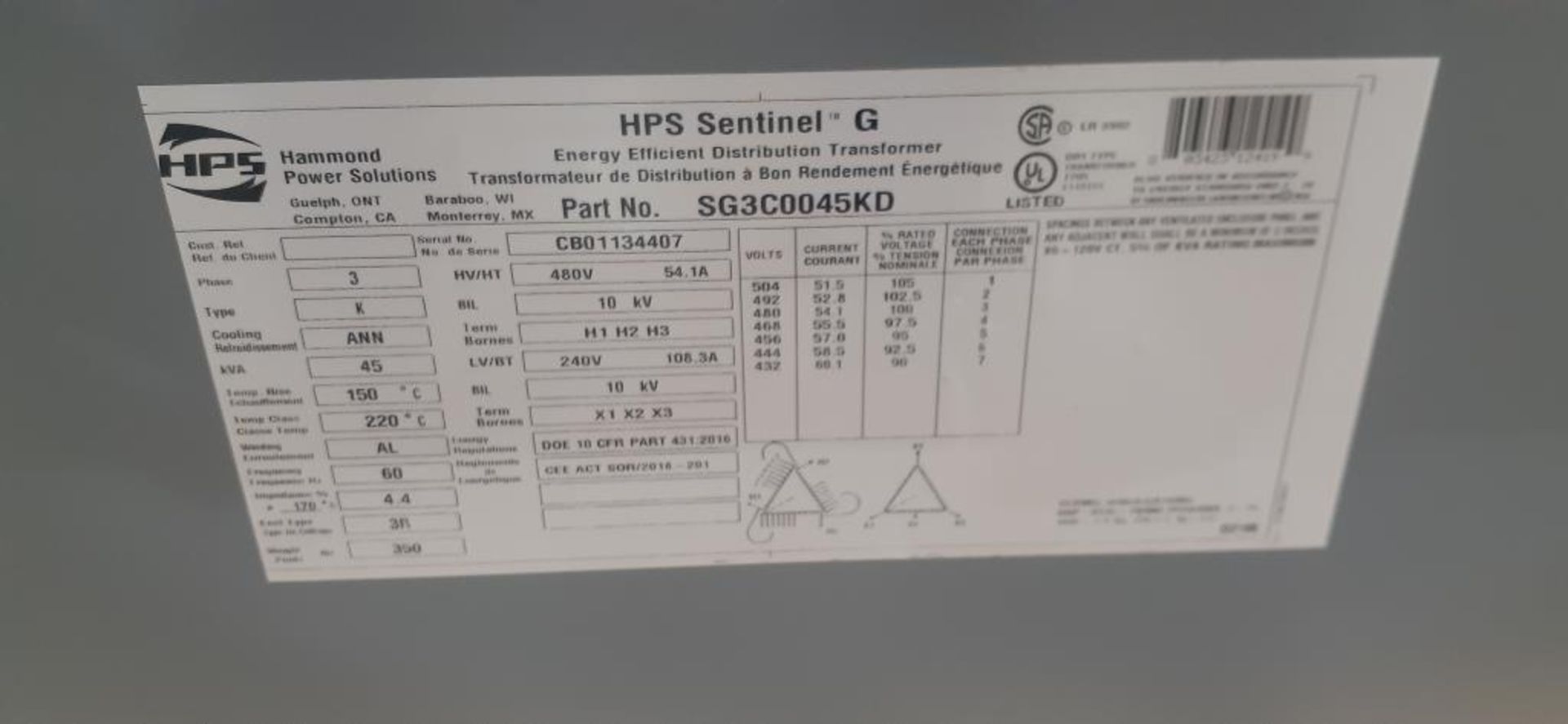 HPS Hammond Solutions 45 KVA Transformer - Image 3 of 3